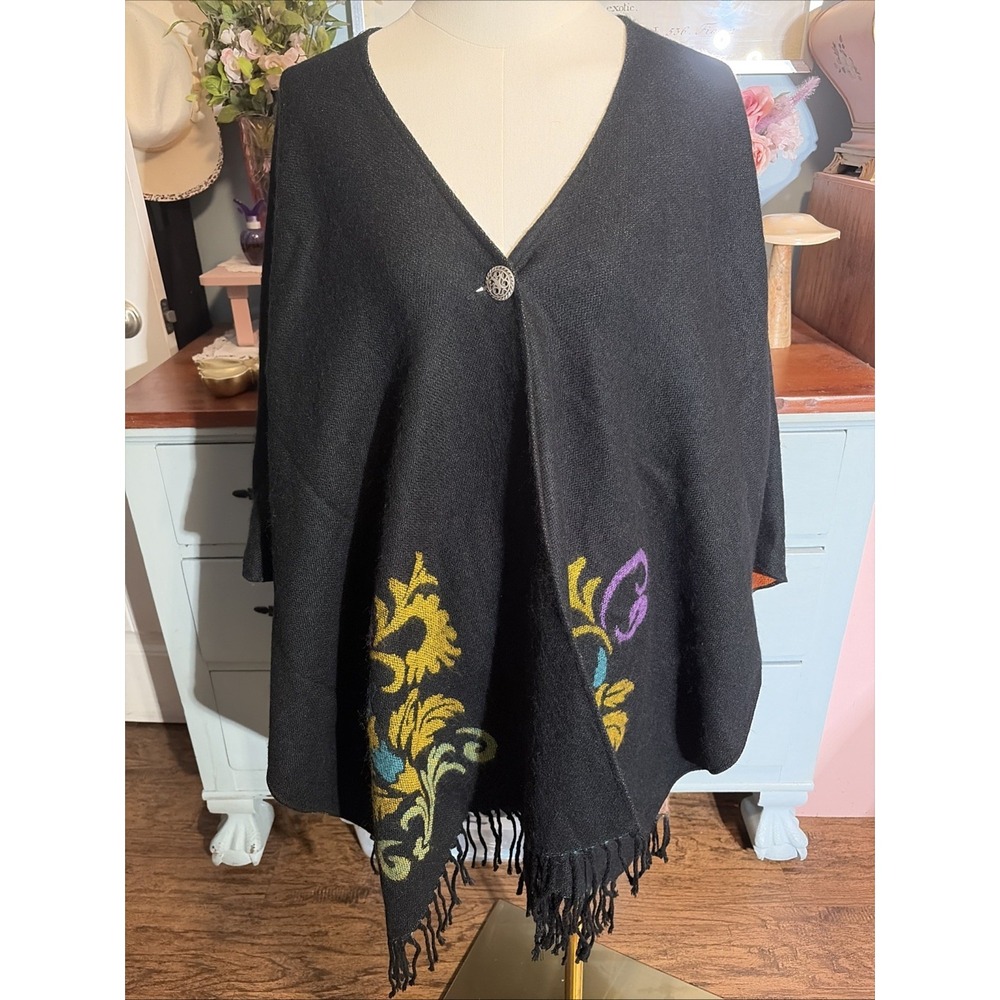 Blair Poncho Womens Black with Colorful Design Knit Fringe Cape. Autumn.